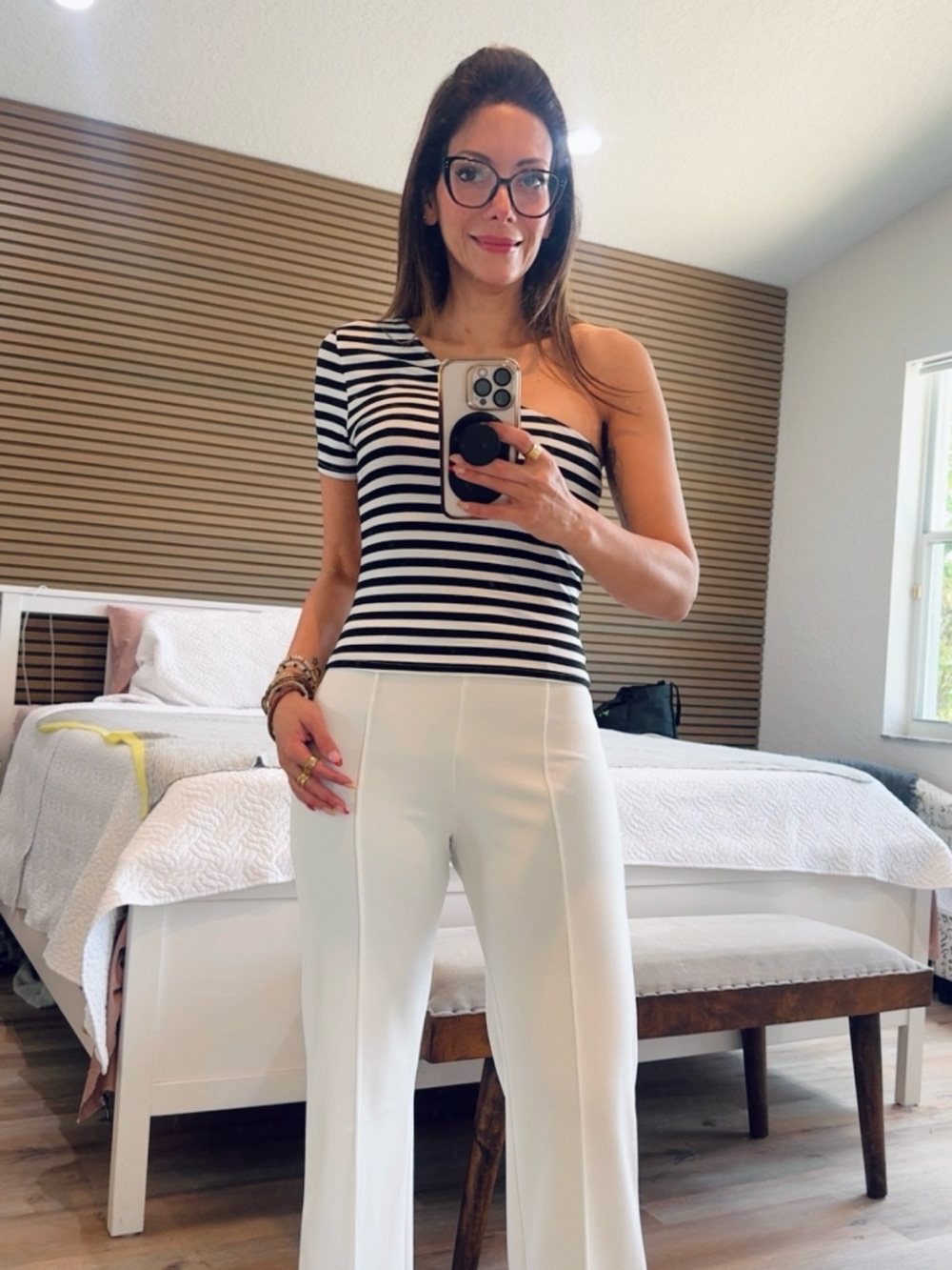 SHEIN Black & White One-Shoulder Striped Crop Top - Picture 2 of 8